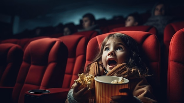 Foto de uma garota assistindo a um filme emocionante em um cinema escuro