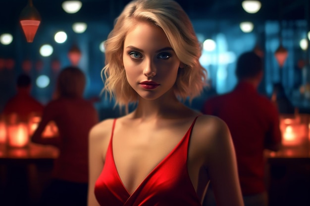 foto de uma garota bonita em um vestido vermelho em um bar