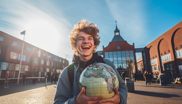 Foto foto de uma garota de 18 anos na eurotrip, feliz e rindo, segurando um mapa-múndi nas mãos