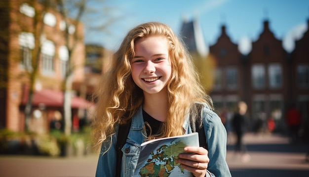 Foto foto de uma garota de 18 anos na eurotrip, feliz e rindo, segurando um mapa-múndi nas mãos