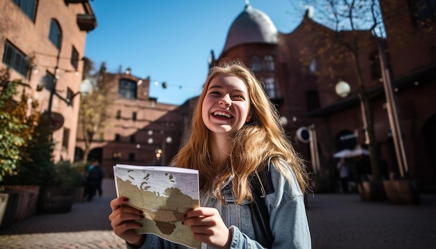 Foto foto de uma garota de 18 anos na eurotrip, feliz e rindo, segurando um mapa-múndi nas mãos