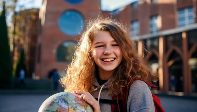 Foto foto de uma garota de 18 anos na eurotrip, feliz e rindo, segurando um mapa-múndi nas mãos