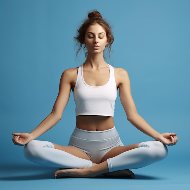 foto de uma garota hipster fazendo ioga e meditação em frente à parede de cor azul