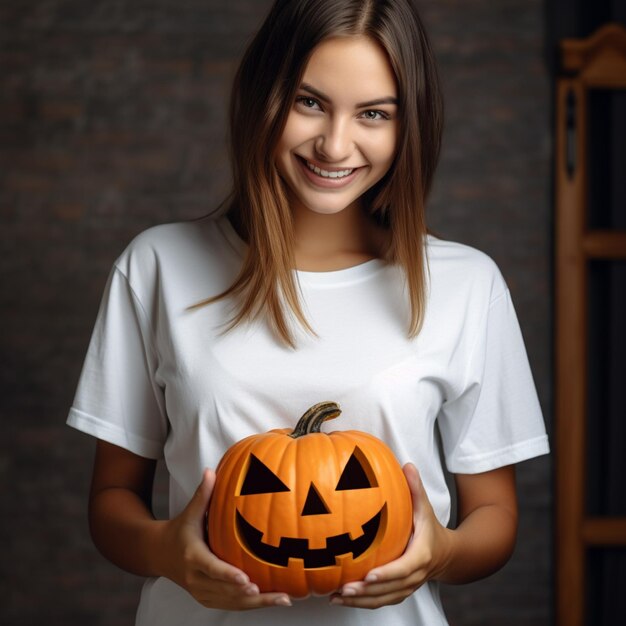 Foto de uma garota segurando uma abóbora assustadora de halloween usando uma camiseta branca lisa