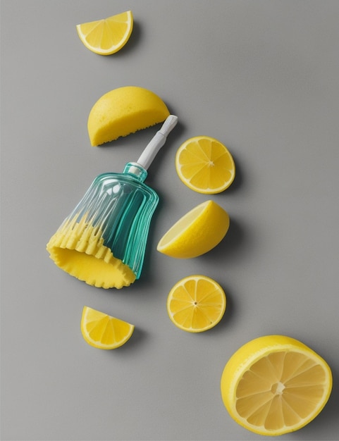 foto de uma garrafa de esponjas de limão e escova isolada em fundo branco