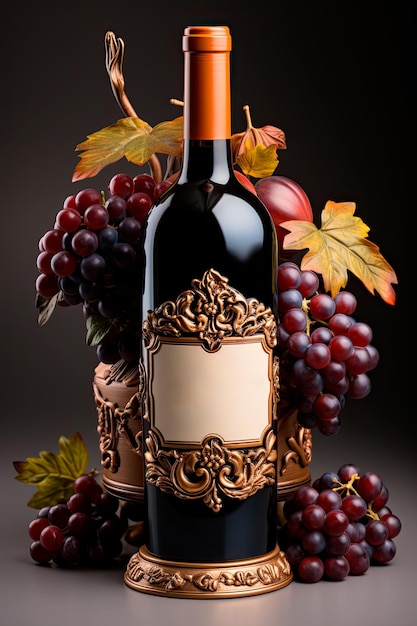 Foto de uma garrafa de vinho tinto personalizada adornada com arte de rótulo intrincada