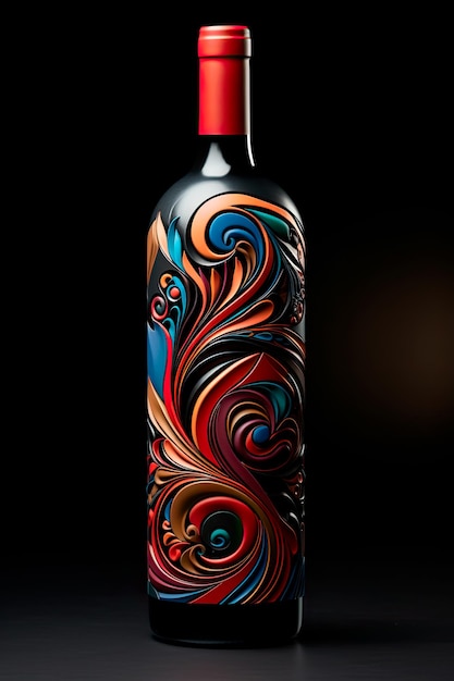 Foto de uma garrafa de vinho tinto personalizada adornada com arte de rótulo intrincada