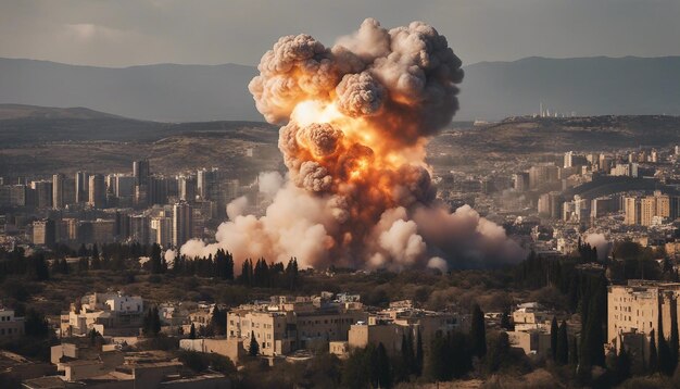 Foto de uma grande explosão na cidade de Hamás