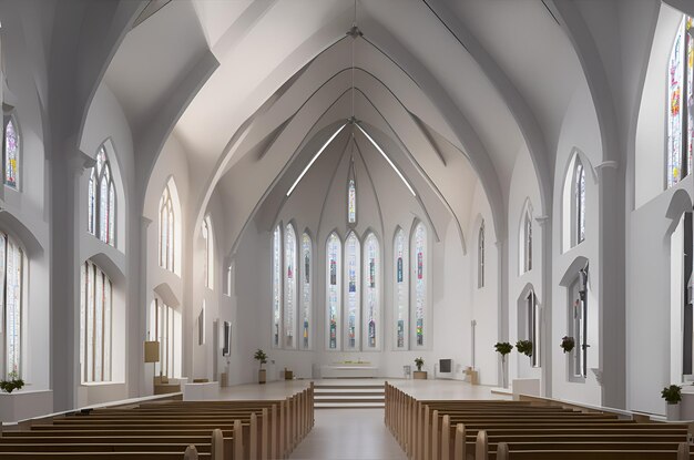 Foto de uma igreja vazia com bancos e vitrais