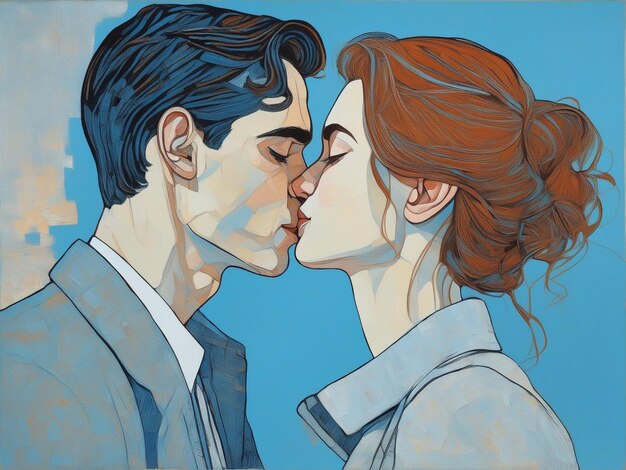 Foto de uma ilustração de um casal apaixonado se beijando