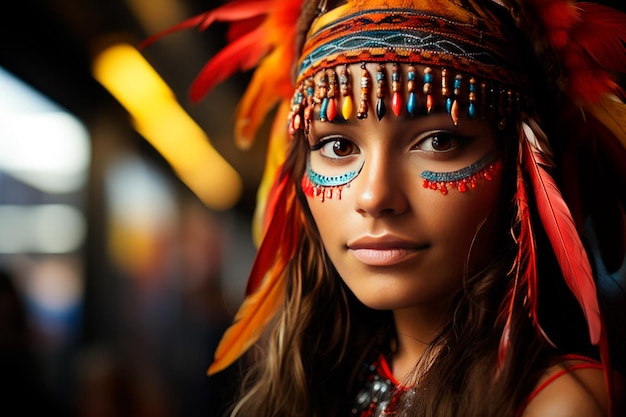 foto de uma índia vestindo trajes e pinturas indígenas