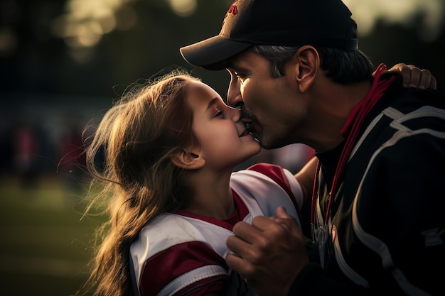 Foto foto de uma jovem a beijar o seu treinador na bochecha depois de um jogo bem sucedido