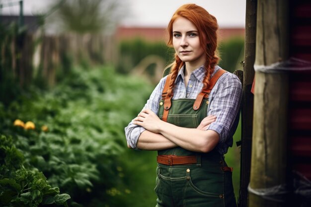 Foto de uma jovem agricultora em pé com os braços cruzados no jardim