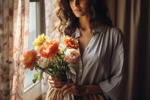 Foto de uma jovem alegre e deslumbrante segura Bouquet