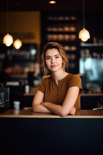 Foto de uma jovem atraente atrás de um balcão de cafeteria criado com IA generativa