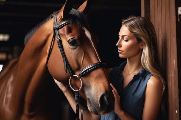 Foto de uma jovem atraente segurando seu cavalo pelas rédeas em um estábulo