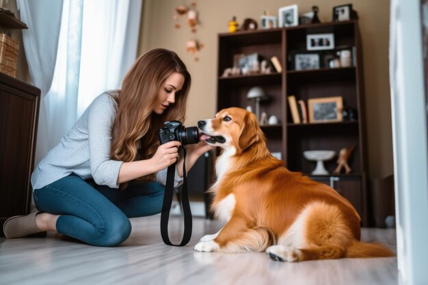 Foto de uma jovem atraente tirando fotos de seu corgi em casa