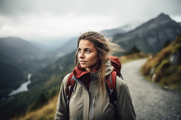 Foto de uma jovem caminhando nas montanhas criadas com IA generativa