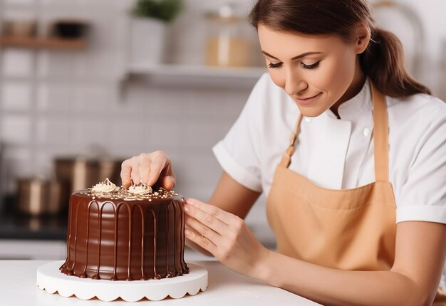 Foto foto de uma jovem chef feminina decorando e cobrindo bolo de chocolate