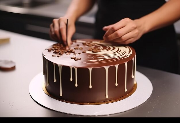 Foto de uma jovem chef feminina decorando e cobrindo bolo de chocolate