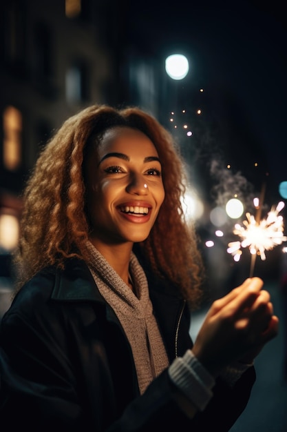 Foto de uma jovem comemorando nas ruas com fogos de artifício