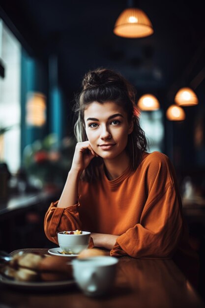 Foto de uma jovem confiante tomando café da manhã em um café