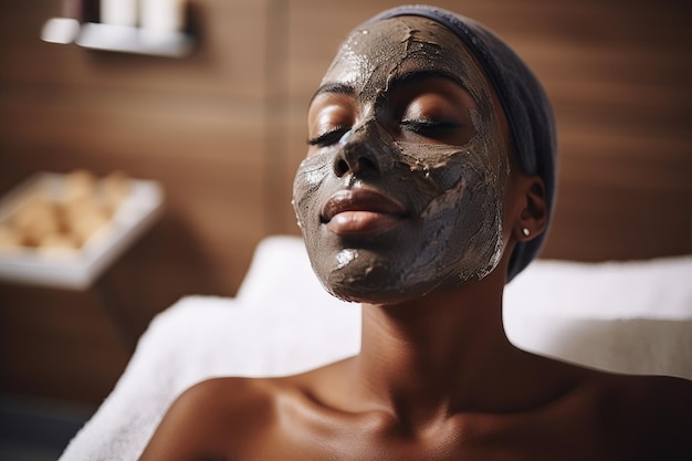 Foto de uma jovem desfrutando de um tratamento de máscara de lama no spa criado com IA generativa