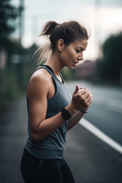 foto de uma jovem desportiva a usar um telemóvel enquanto fazia exercício na estrada criada com IA generativa