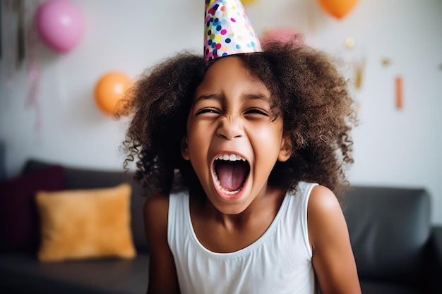 Foto de uma jovem em êxtase comemorando em sua festa de aniversário criada com IA generativa