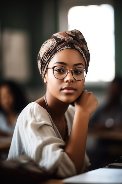 Foto de uma jovem em uma sala de aula durante sua aula de educação