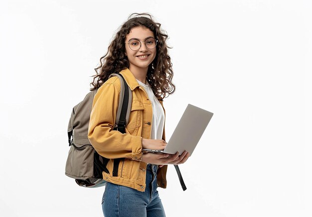 Foto foto de uma jovem estudante com uma mochila com um computador portátil na mão