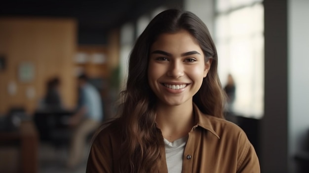 Foto de uma jovem estudante universitária latina sorridente