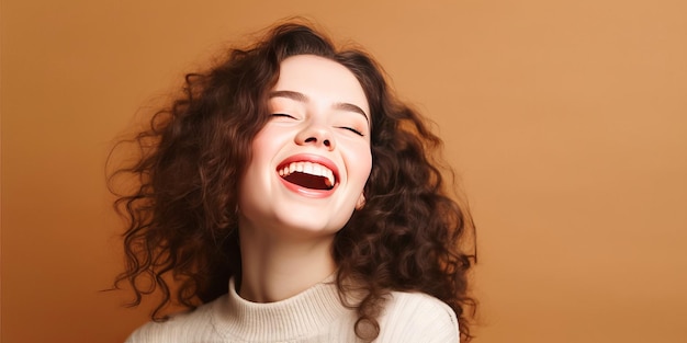 Foto de uma jovem expressiva posando em IA generativa de fundo marrom