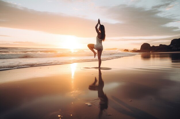 Foto de uma jovem fazendo ioga na praia criada com IA generativa