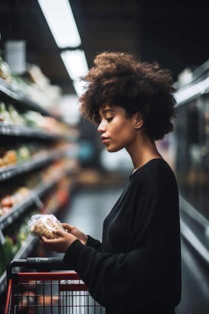 Foto de uma jovem fazendo suas compras no supermercado criado com IA generativa