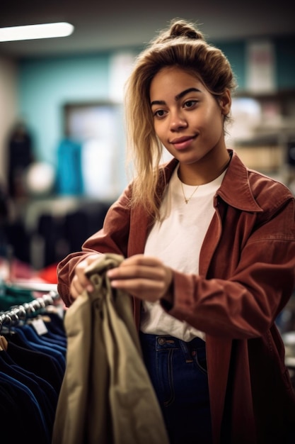 foto de uma jovem fazendo uma compra em uma loja de caridade criada com IA generativa