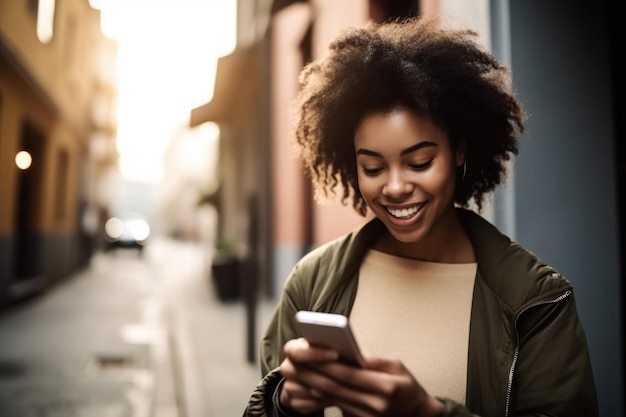 Foto de uma jovem fazendo uma entrega online usando seu celular criado com IA generativa