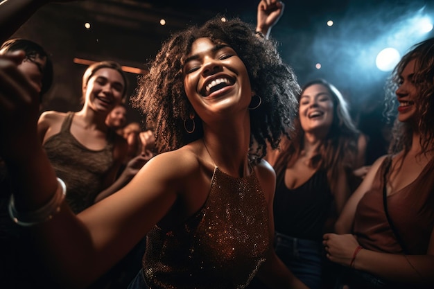 Foto de uma jovem feliz dançando com suas amigas em uma boate criada com IA generativa