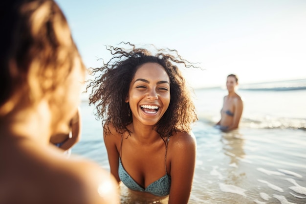 Foto de uma jovem feliz se divertindo na praia com seus amigos criada com IA generativa