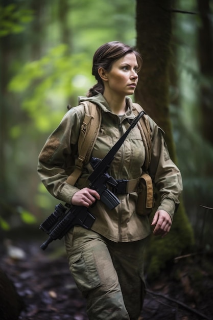 Foto de uma jovem guarda florestal patrulhando na floresta criada com IA generativa