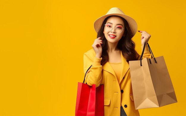 Foto de uma jovem linda e fofa garota com sorriso e segurando sacolas de compras coloridas