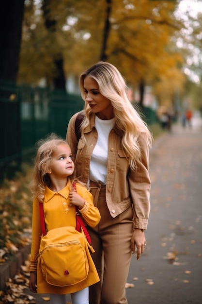 Foto de uma jovem mãe e sua filha a caminho do jardim de infância