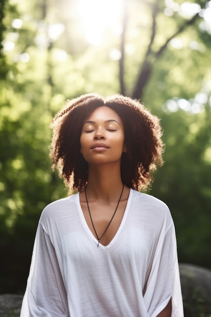 Foto foto de uma jovem meditando na natureza criada com ia generativa