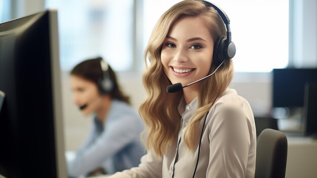 Foto de uma jovem mulher trabalhando como assistência ao cliente com sorriso