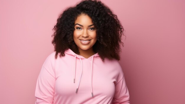 Foto de uma jovem negra de tamanho maior em roupas esportivas de pé em um fundo de estúdio rosa