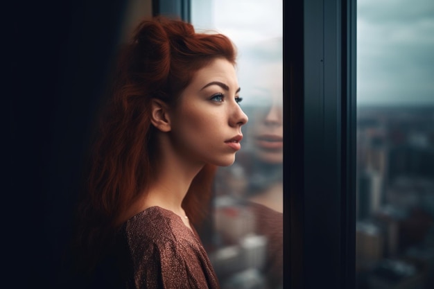 Foto de uma jovem olhando a cidade pela janela de um arranha-céu