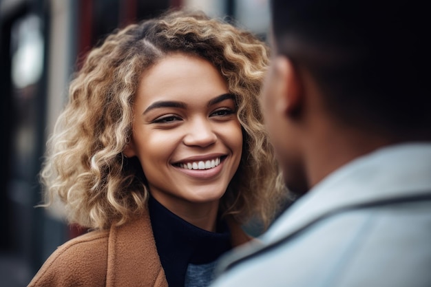 Foto de uma jovem olhando para o namorado e sorrindo criada com IA generativa