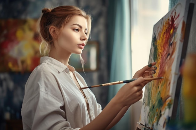 Foto de uma jovem pintando em casa criada com IA generativa