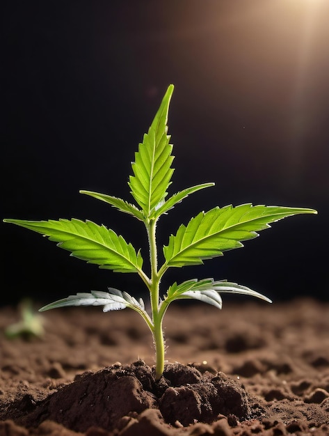 Foto foto de uma jovem planta de maconha crescendo do solo