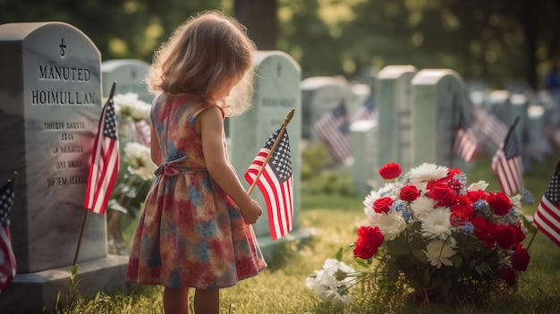 Foto de uma jovem prestando homenagem em um túmulo no Memorial Day